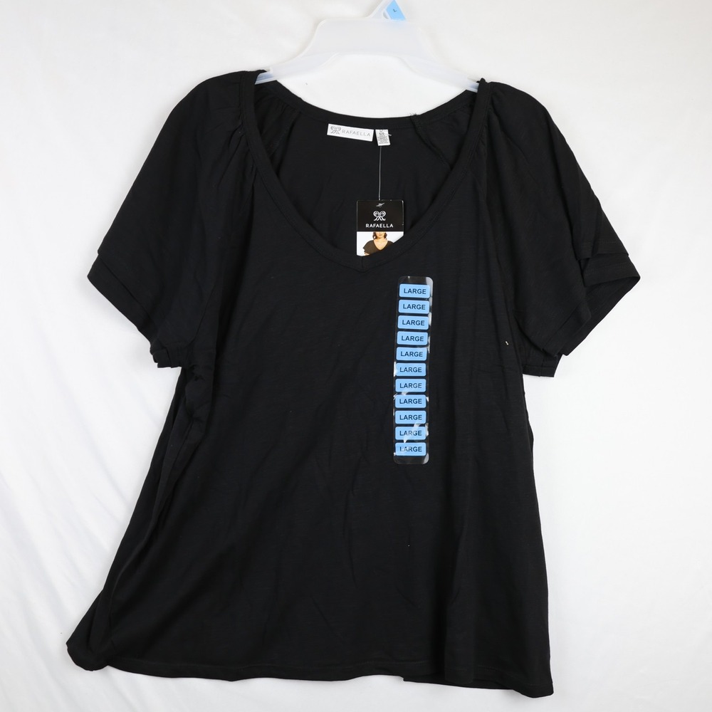 Rafaella Womens Black V Neck Short Sleeve Knit Top Shirt RSKSC021 Large